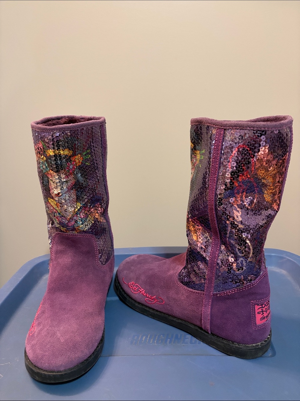 RARE Ed Hardy Purple Sequin Mid-Calf Boots